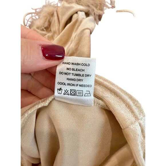 NEW Superdown Beige Cream Erika Feather Trim Velvet Mini Dress NWT - Size XS - Picture 4 of 9